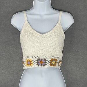 Hollister Crochet Crop Top Womens Sz‎ S Boho Floral Knit Trim Festival Gypsy